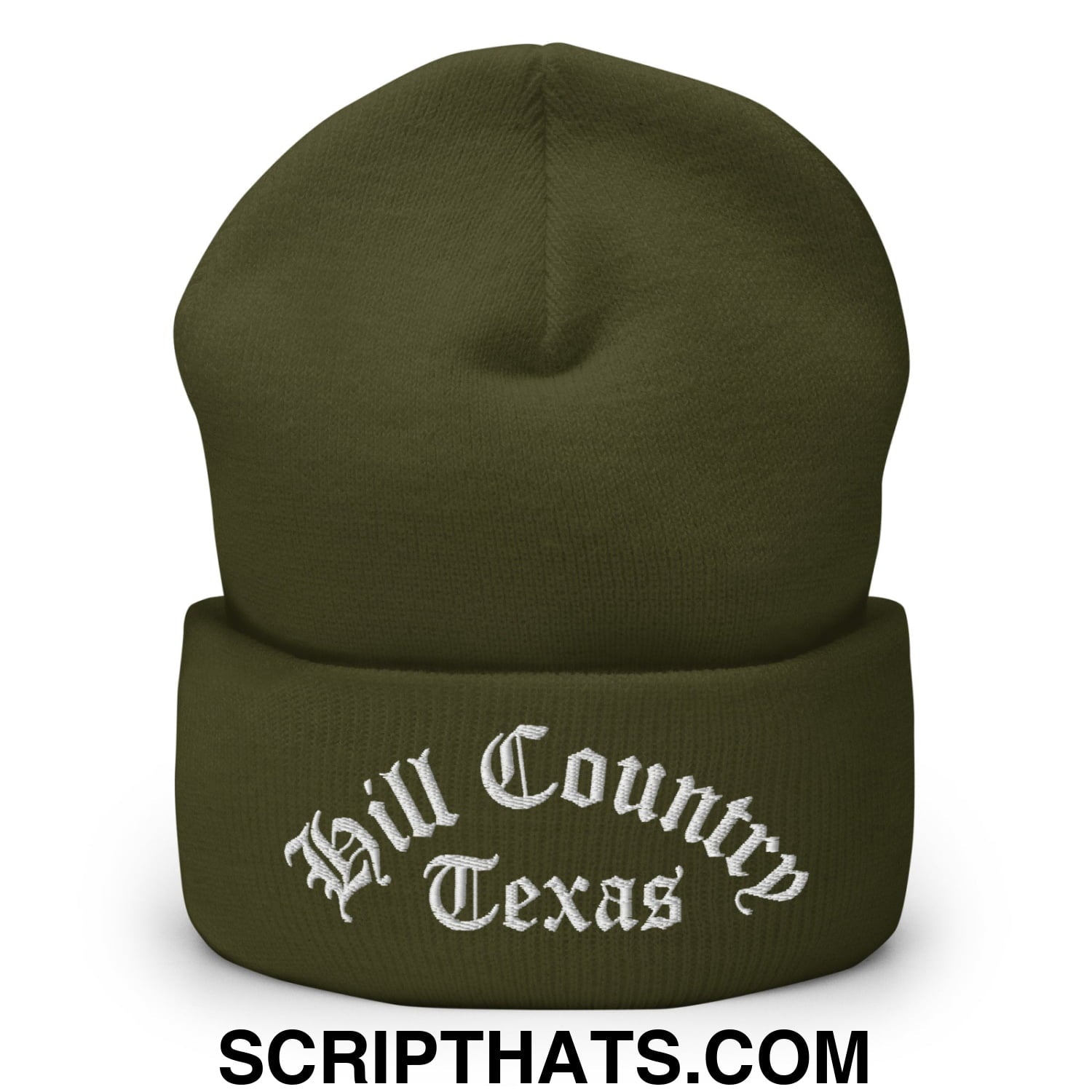 Texas Hill Country Old English Embroidered Knit Cuffed Beanie Olive
