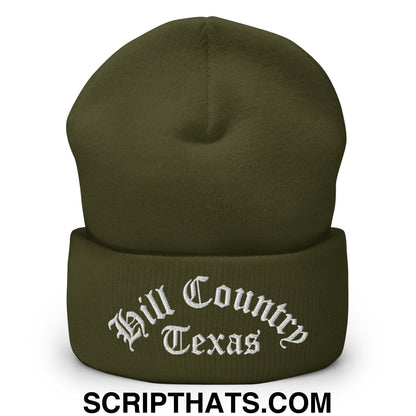 Texas Hill Country Old English Embroidered Knit Cuffed Beanie Olive