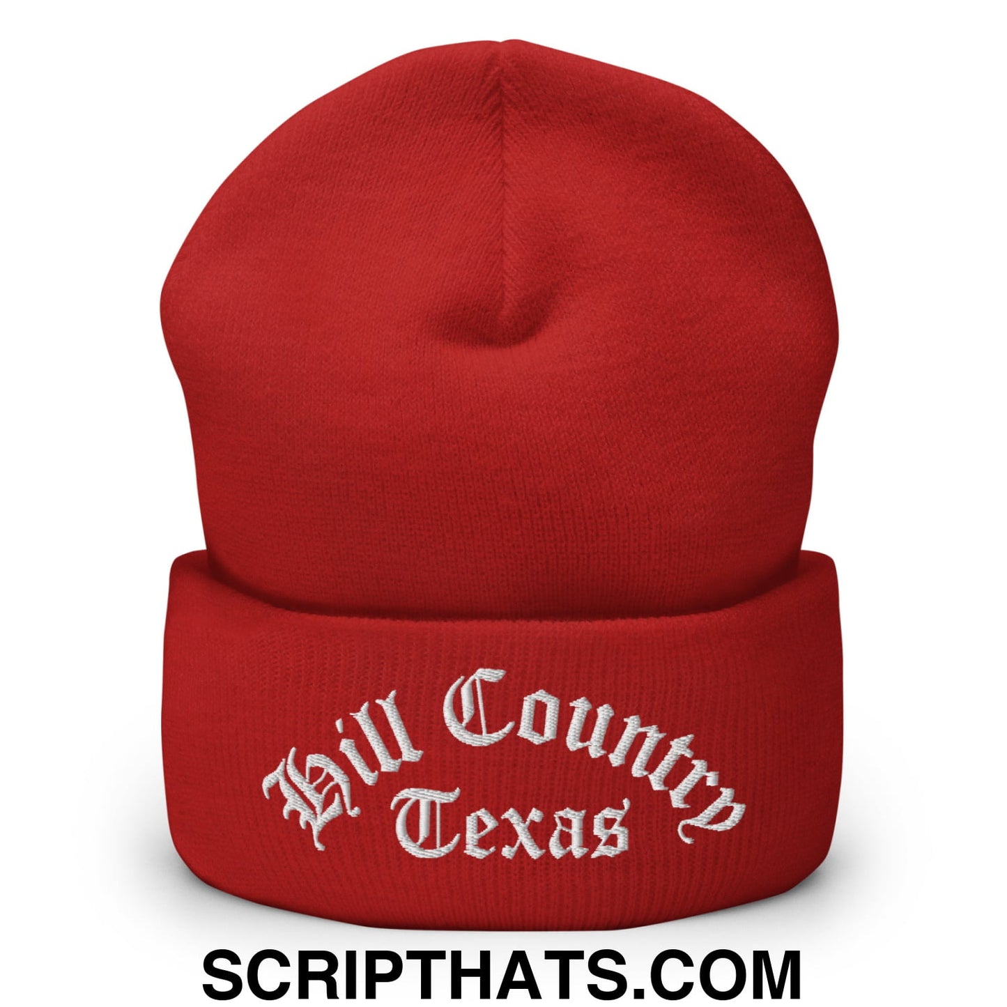 Texas Hill Country Old English Embroidered Knit Cuffed Beanie Red