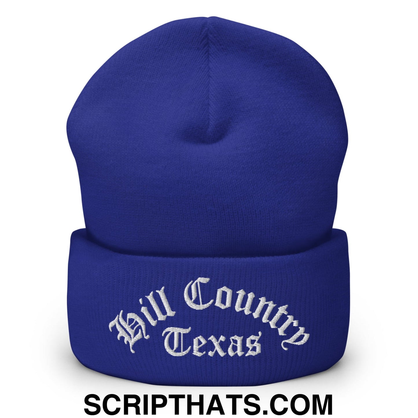 Texas Hill Country Old English Embroidered Knit Cuffed Beanie Royal