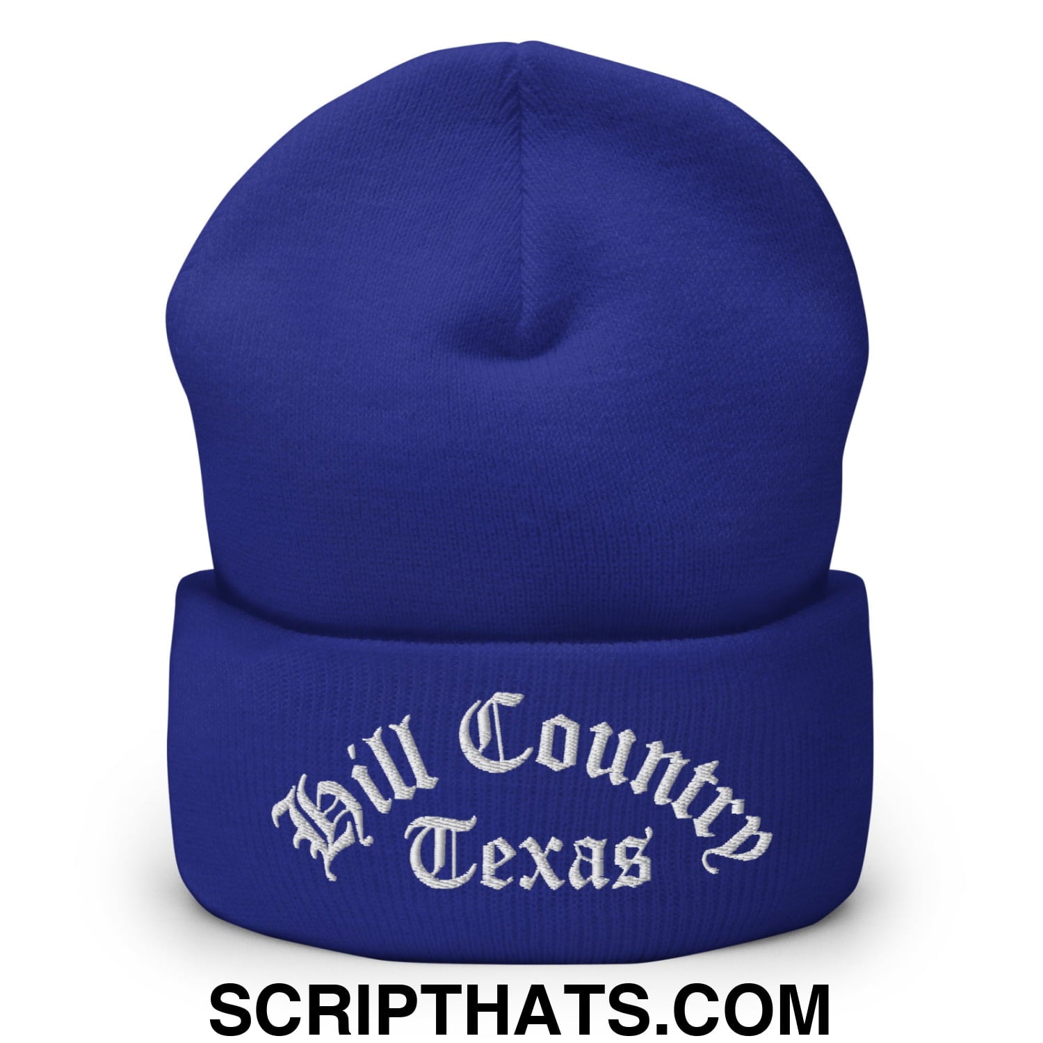 Texas Hill Country Old English Embroidered Knit Cuffed Beanie Royal