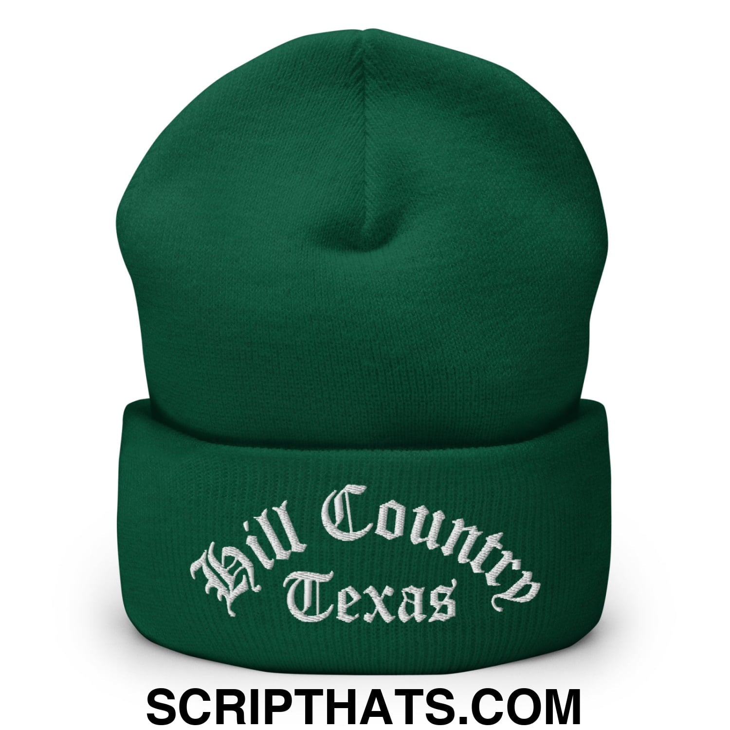 Texas Hill Country Old English Embroidered Knit Cuffed Beanie Spruce