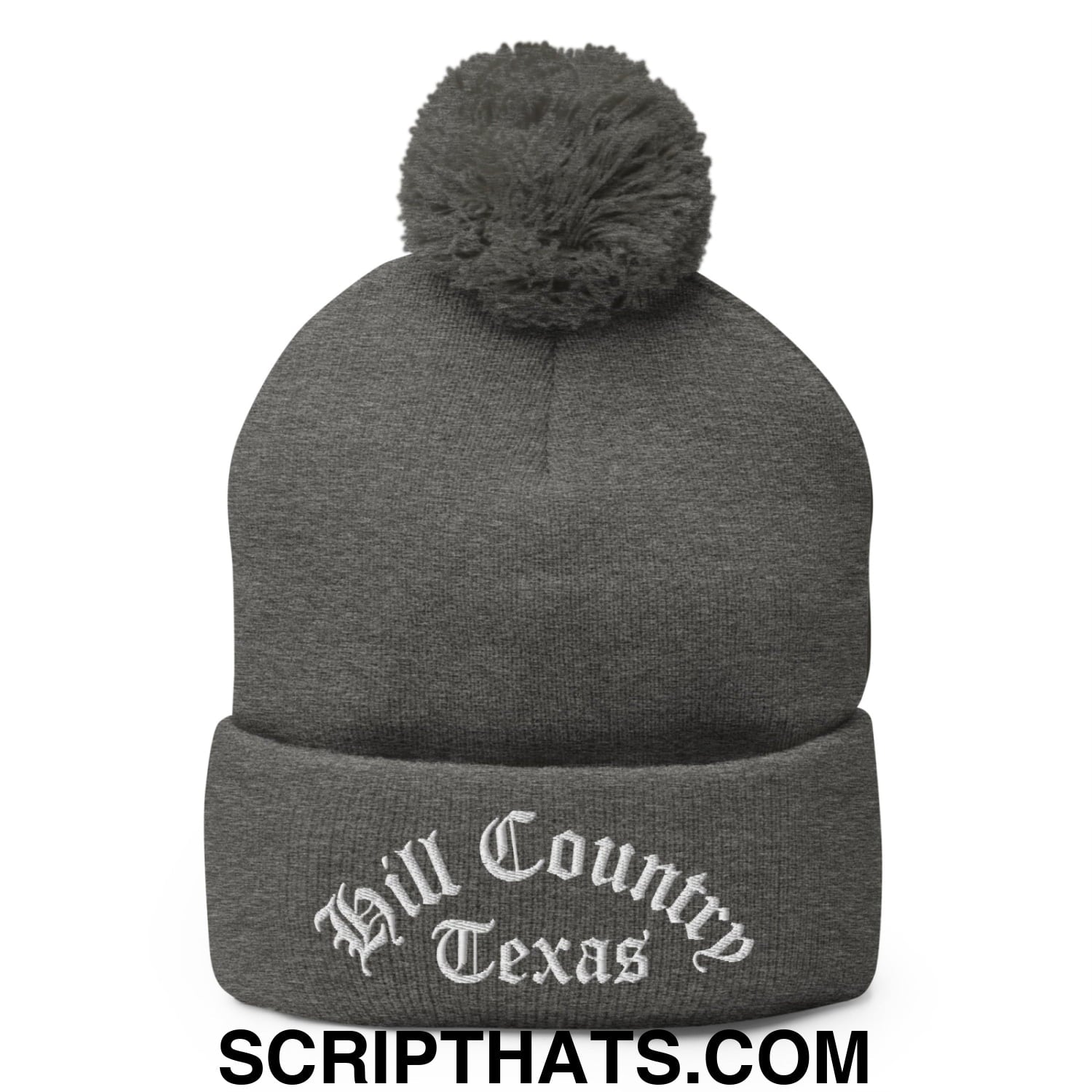 Texas Hill Country Old English Embroidered Knit Pom Pom Beanie Dark Heather Grey