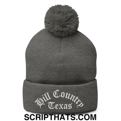 Texas Hill Country Old English Embroidered Knit Pom Pom Beanie Dark Heather Grey
