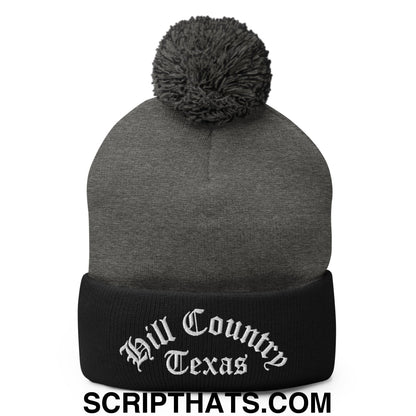 Texas Hill Country Old English Embroidered Knit Pom Pom Beanie Dark Heather Grey Black