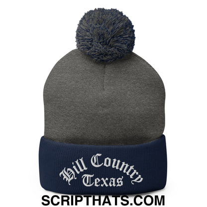 Texas Hill Country Old English Embroidered Knit Pom Pom Beanie Dark Heather Grey Navy