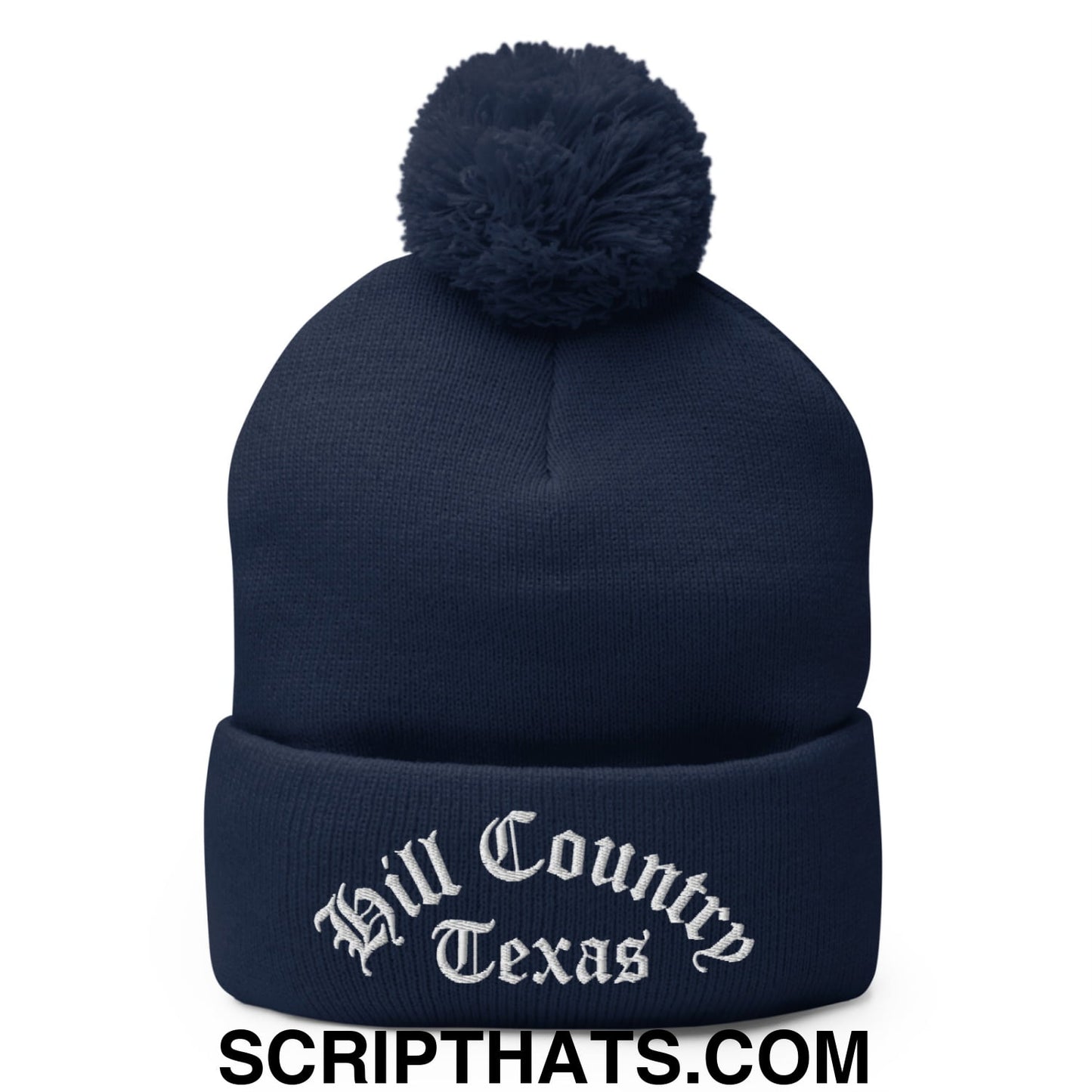 Texas Hill Country Old English Embroidered Knit Pom Pom Beanie Navy