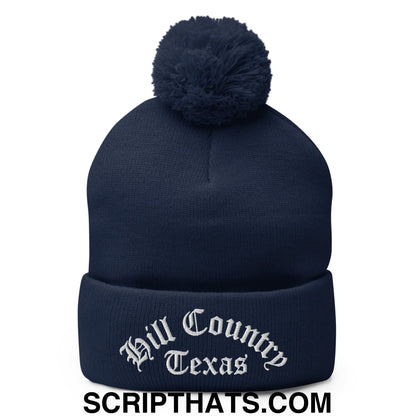 Texas Hill Country Old English Embroidered Knit Pom Pom Beanie Navy