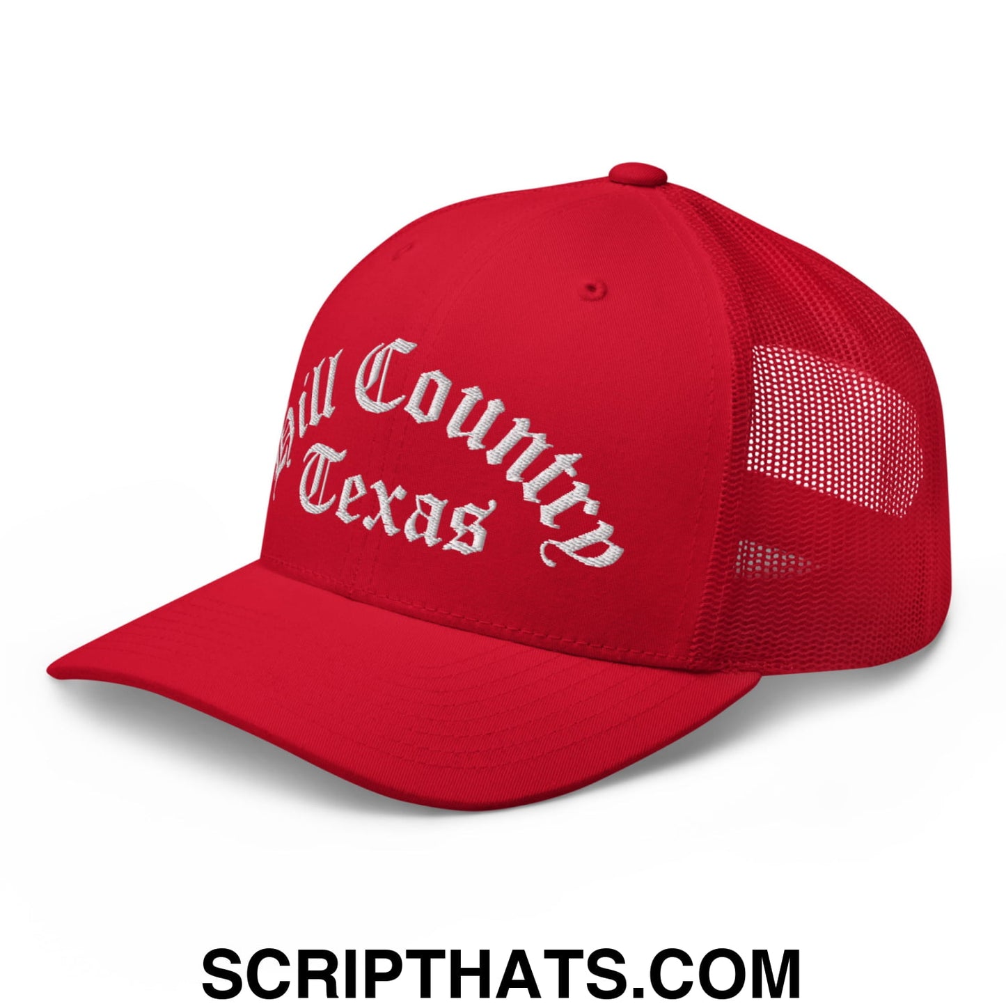 Texas Hill Country Old English Embroidered Mesh Trucker Hat Red