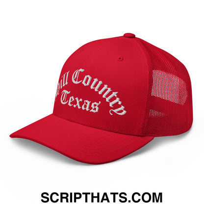 Texas Hill Country Old English Embroidered Mesh Trucker Hat Red
