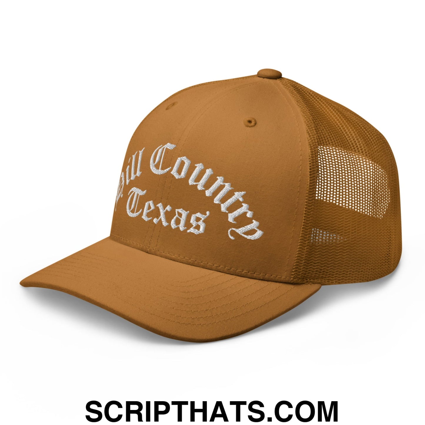 Texas Hill Country Old English Embroidered Mesh Trucker Hat Caramel