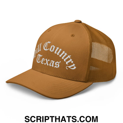 Texas Hill Country Old English Embroidered Mesh Trucker Hat Caramel