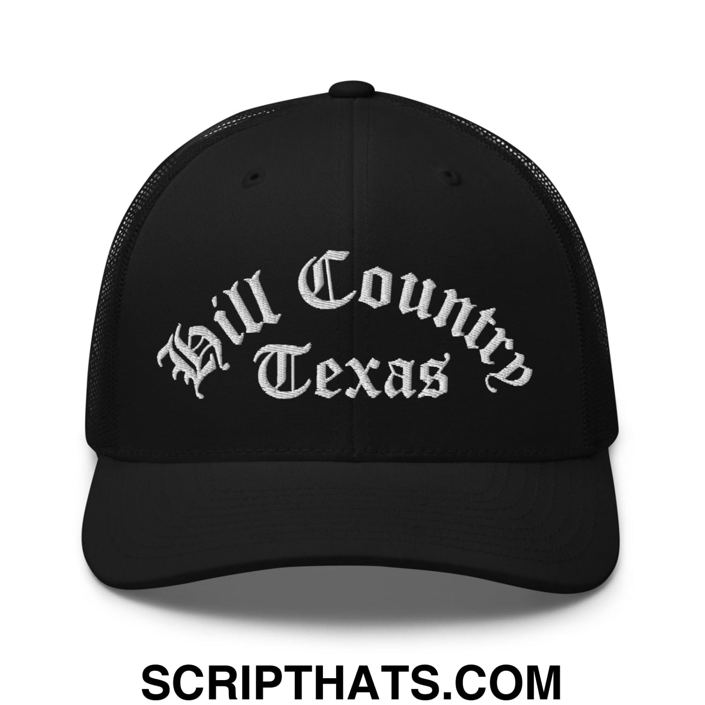 Texas Hill Country Old English Embroidered Mesh Trucker Hat Black