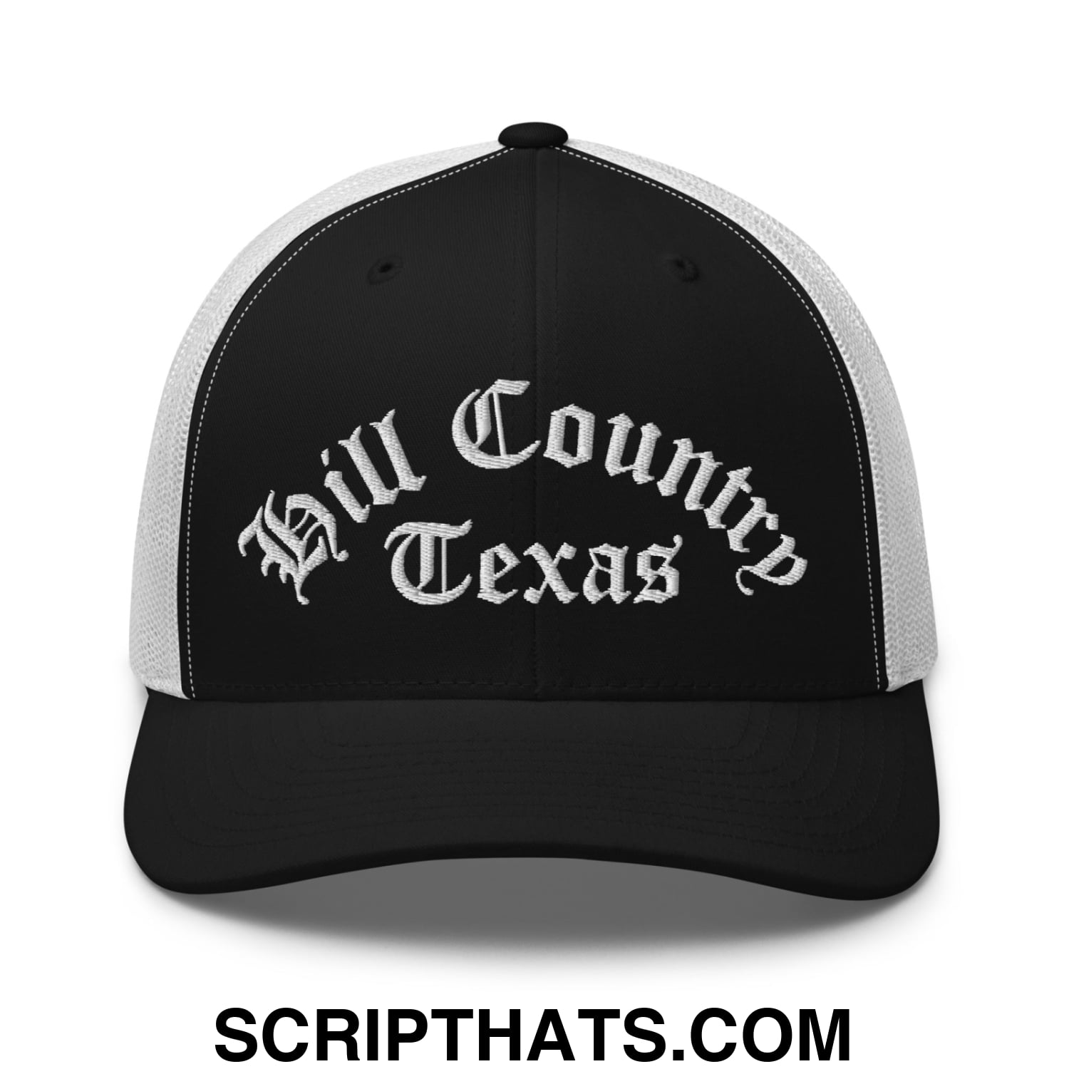 Texas Hill Country Old English Embroidered Mesh Trucker Hat Black White