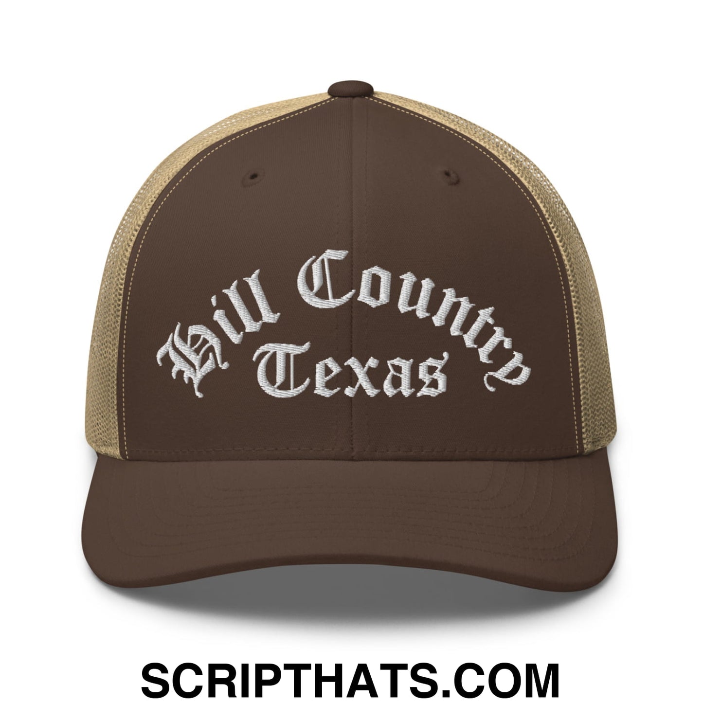 Texas Hill Country Old English Embroidered Mesh Trucker Hat Brown Khaki