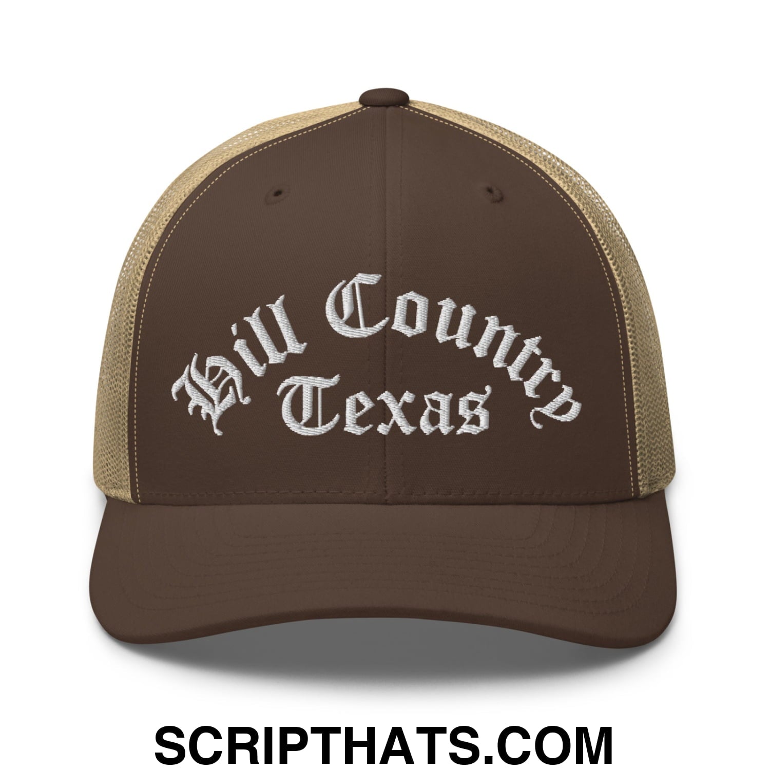Texas Hill Country Old English Embroidered Mesh Trucker Hat Brown Khaki