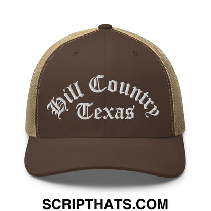 Texas Hill Country Old English Embroidered Mesh Trucker Hat Brown Khaki