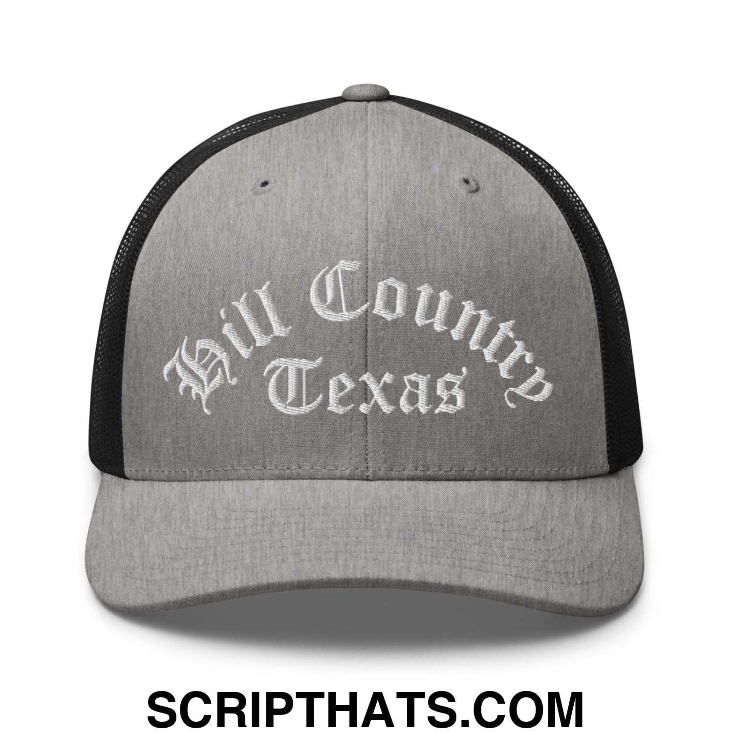 Texas Hill Country Old English Embroidered Mesh Trucker Hat Heather Black