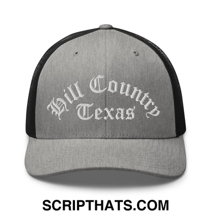 Texas Hill Country Old English Embroidered Mesh Trucker Hat Heather Black