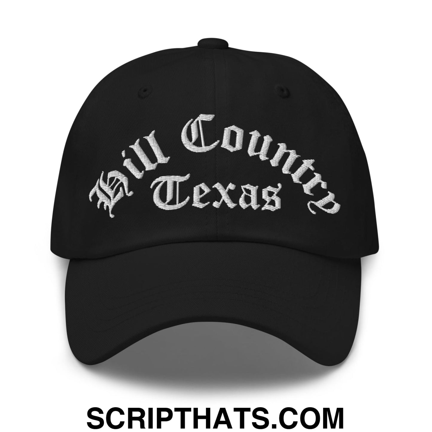 Texas Hill Country Old English Embroidered Unstructured Dad Hat Black