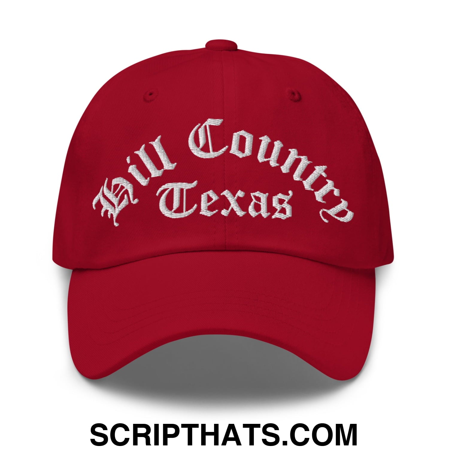 Texas Hill Country Old English Embroidered Unstructured Dad Hat Cranberry