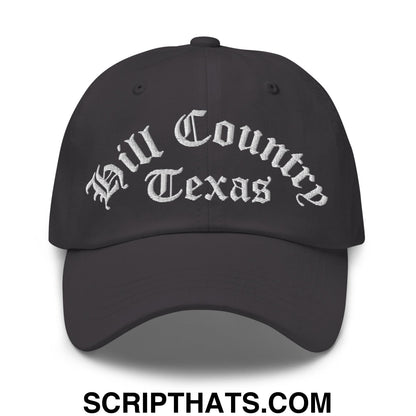 Texas Hill Country Old English Embroidered Unstructured Dad Hat Dark Grey