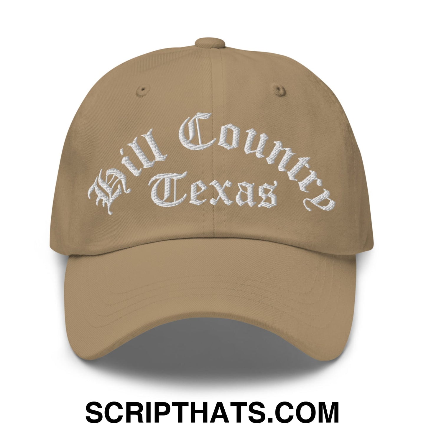 Texas Hill Country Old English Embroidered Unstructured Dad Hat Khaki