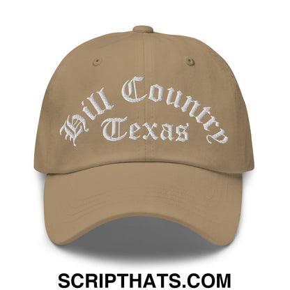 Texas Hill Country Old English Embroidered Unstructured Dad Hat Khaki