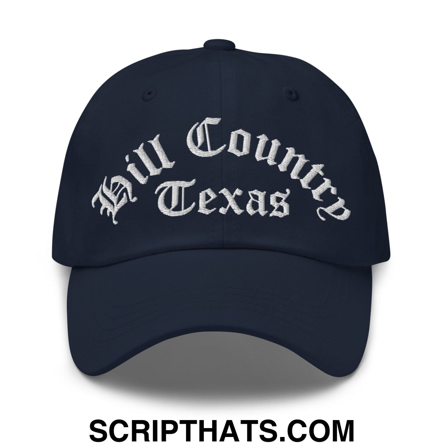 Texas Hill Country Old English Embroidered Unstructured Dad Hat Navy