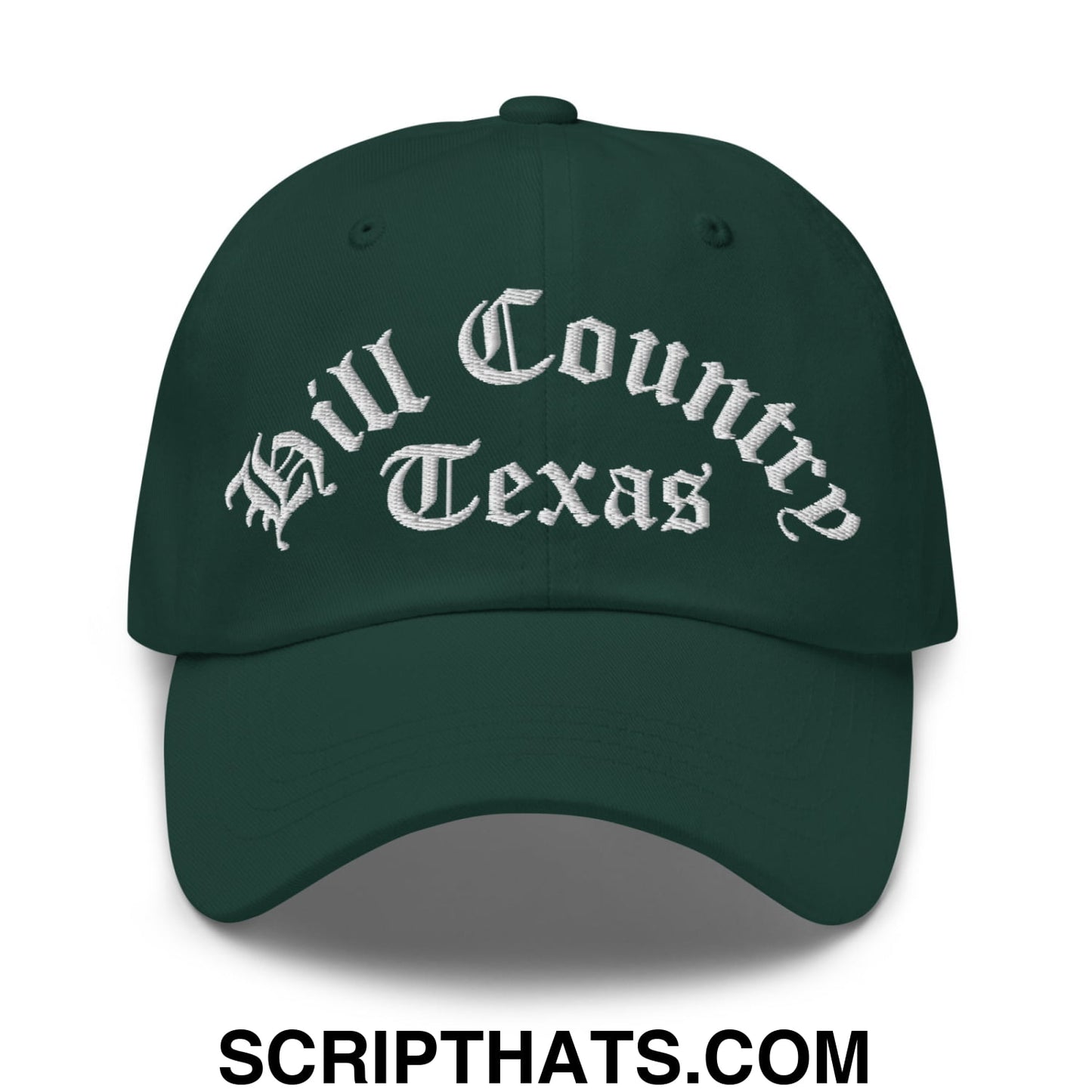 Texas Hill Country Old English Embroidered Unstructured Dad Hat Spruce