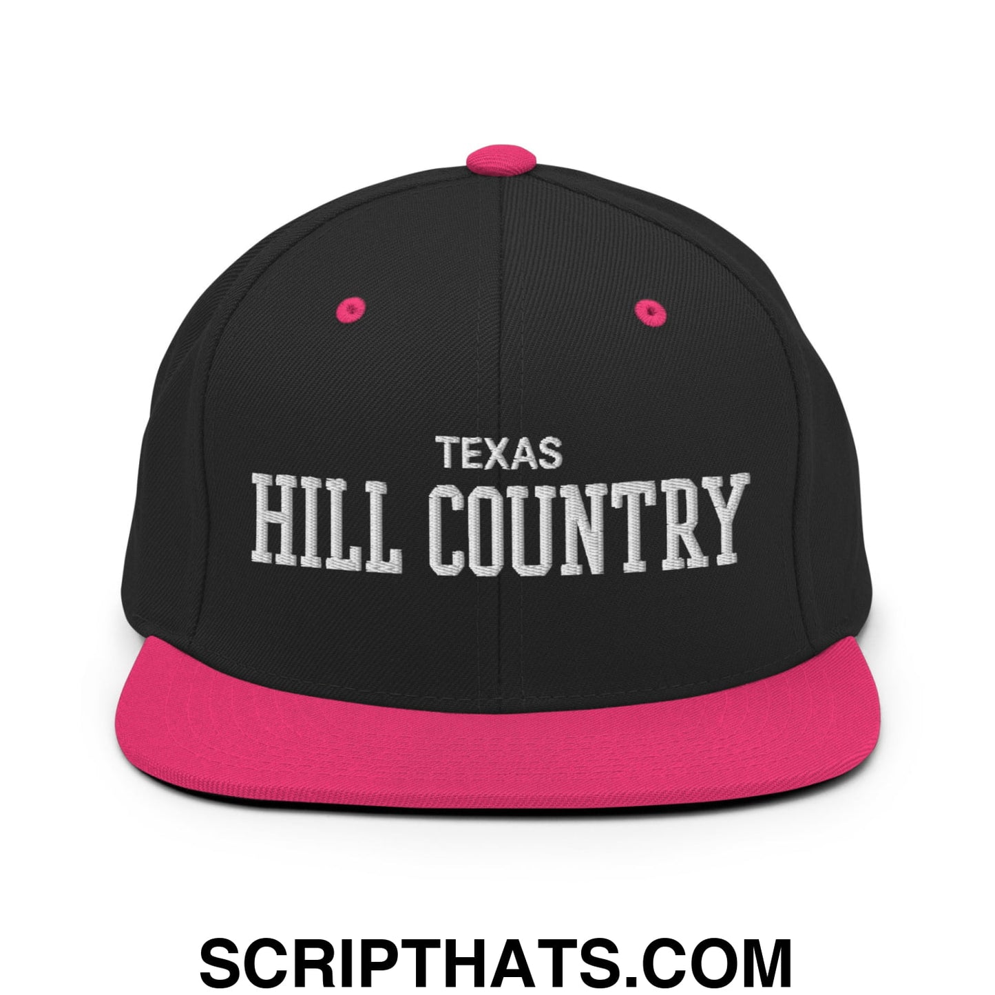 Texas Hill Country Varsity College Block Embroidered Flat Bill Brim Snapback Hat Black Neon Pink