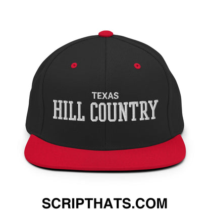 Texas Hill Country Varsity College Block Embroidered Flat Bill Brim Snapback Hat Black Red