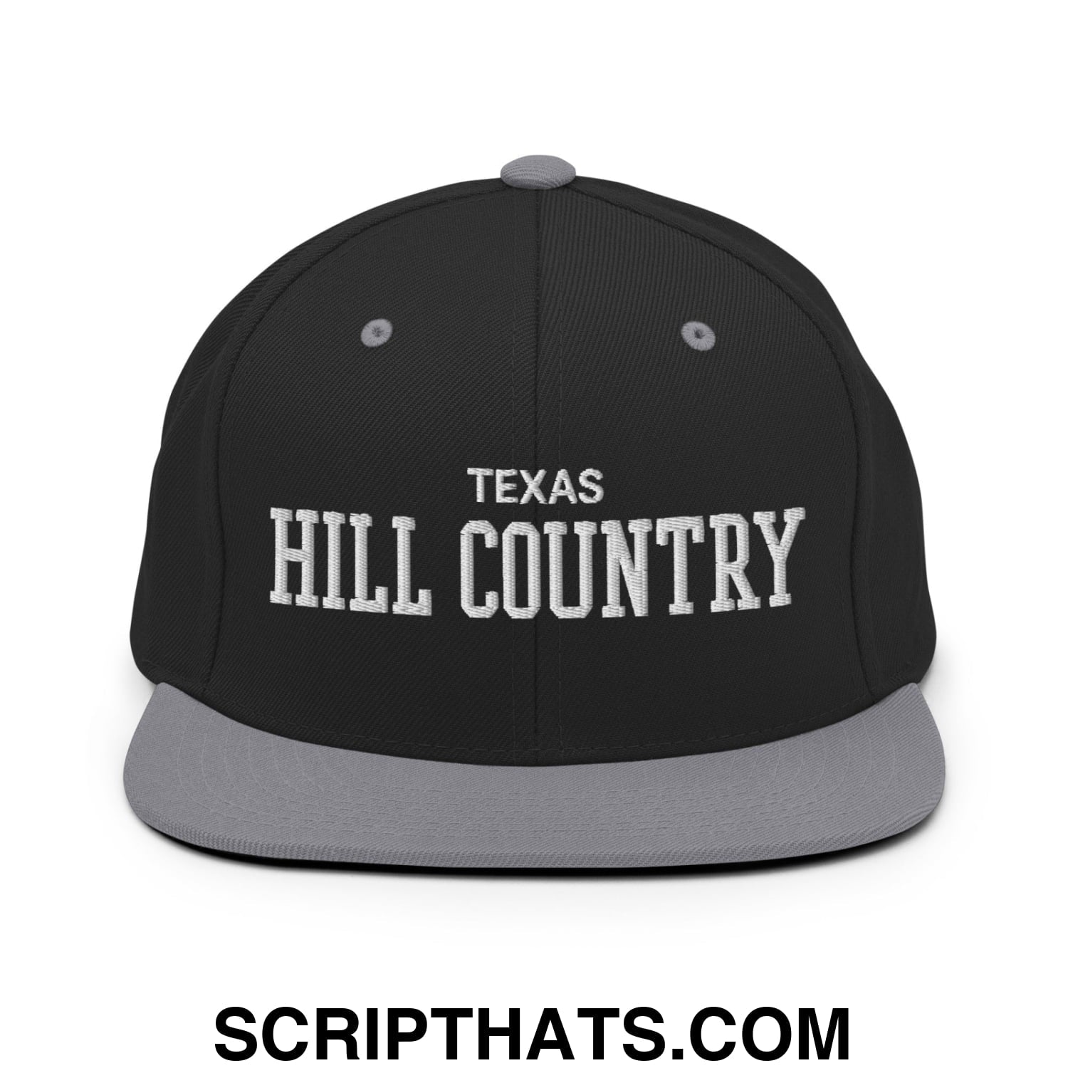Texas Hill Country Varsity College Block Embroidered Flat Bill Brim Snapback Hat Black Silver
