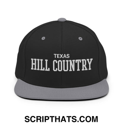 Texas Hill Country Varsity College Block Embroidered Flat Bill Brim Snapback Hat Black Silver
