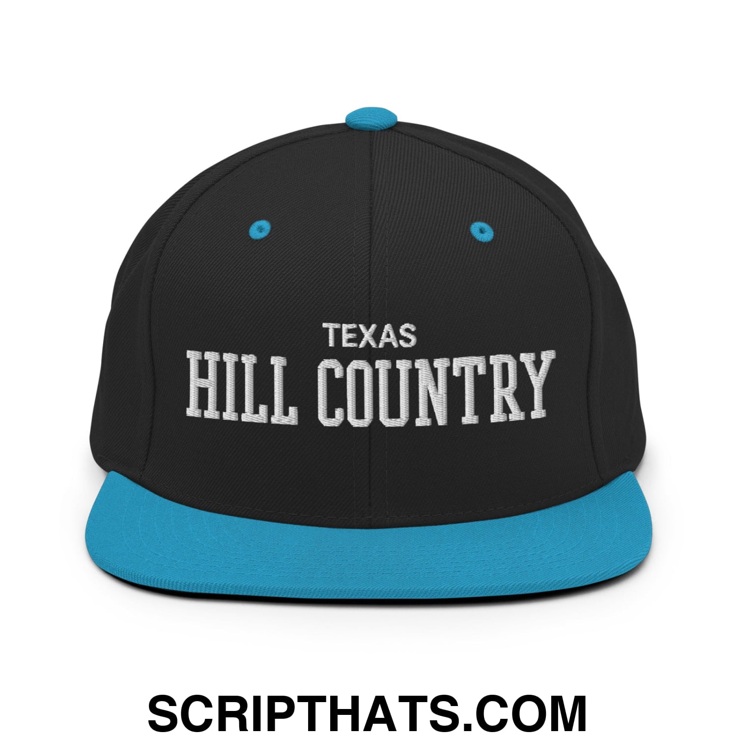 Texas Hill Country Varsity College Block Embroidered Flat Bill Brim Snapback Hat Black Teal