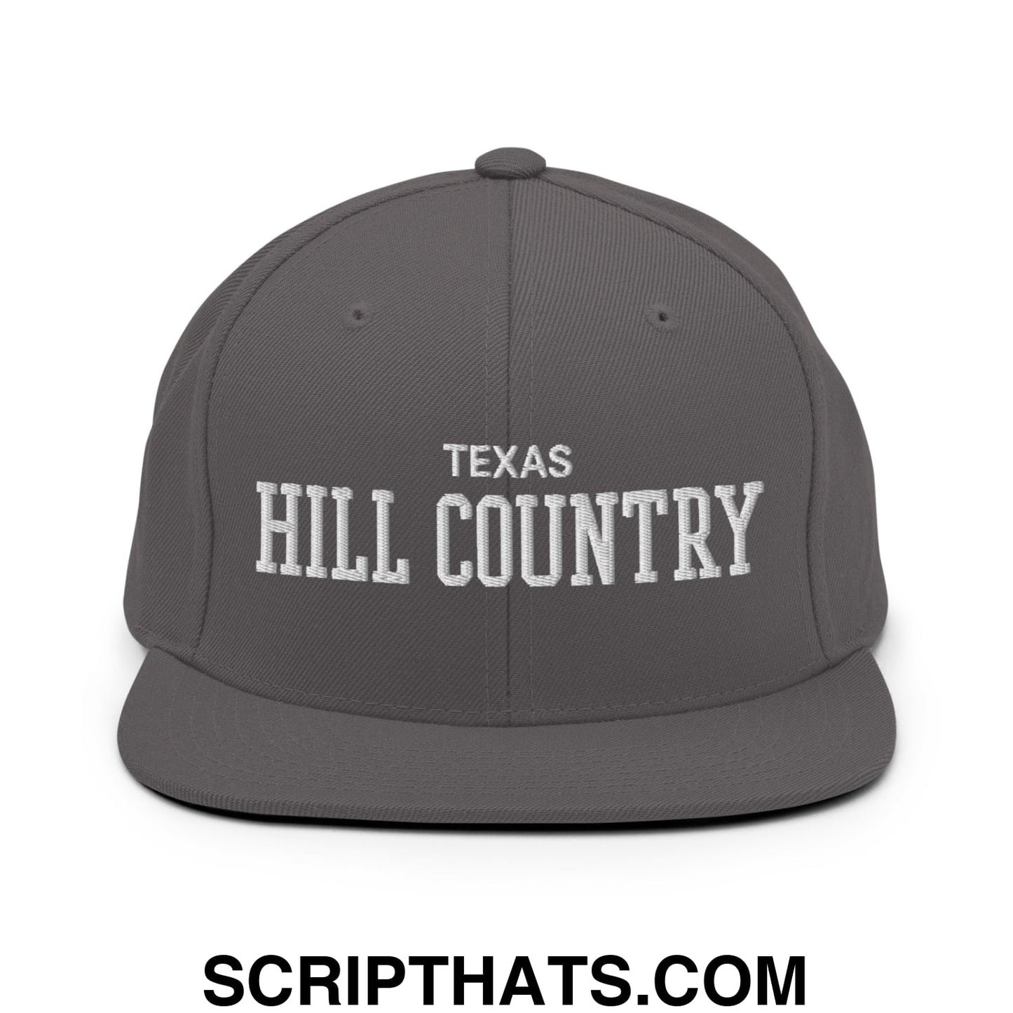 Texas Hill Country Varsity College Block Embroidered Flat Bill Brim Snapback Hat Dark Grey
