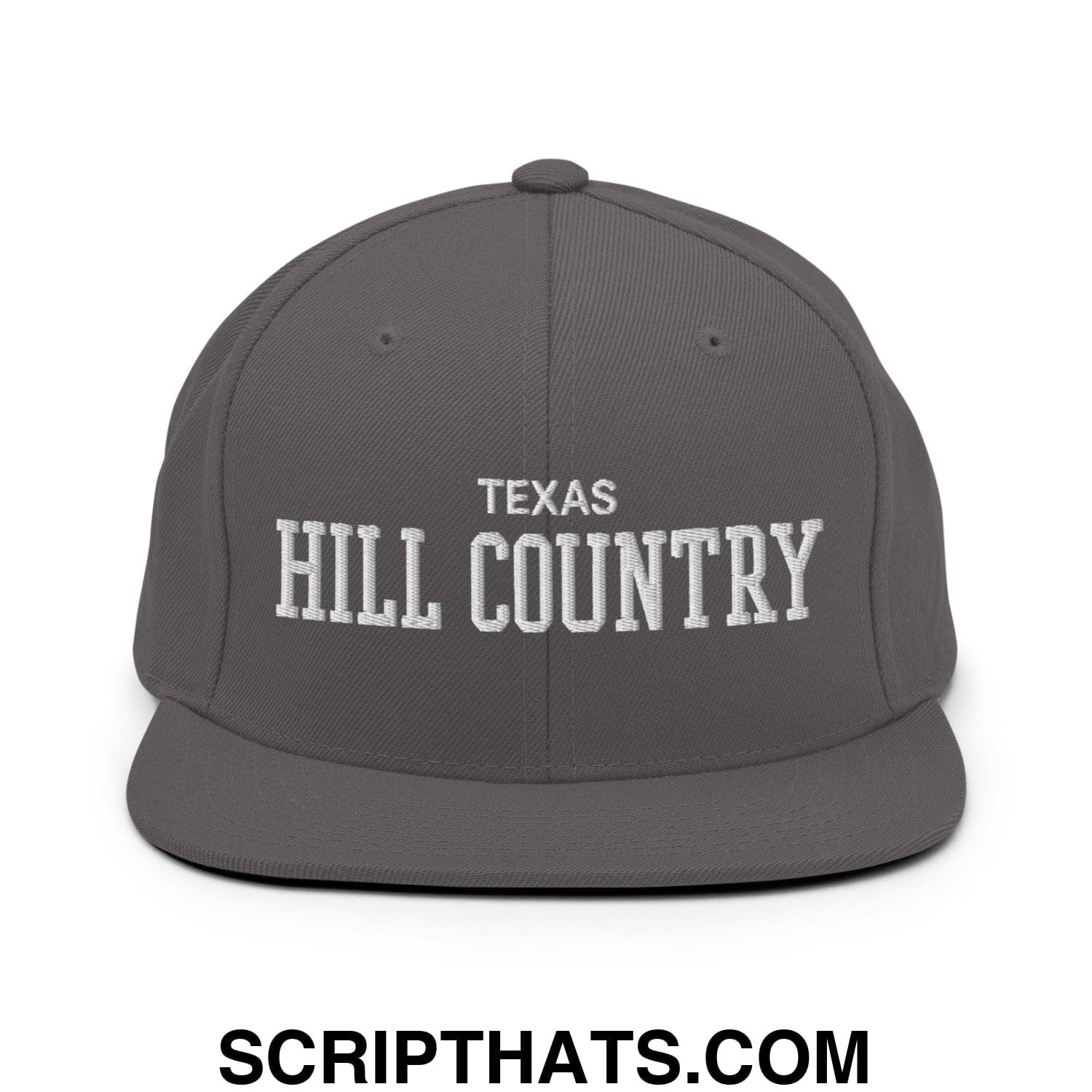 Texas Hill Country Varsity College Block Embroidered Flat Bill Brim Snapback Hat Dark Grey
