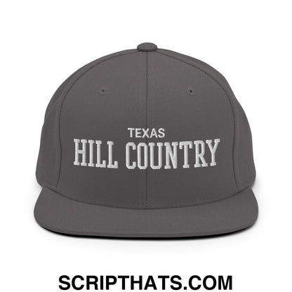 Texas Hill Country Varsity College Block Embroidered Flat Bill Brim Snapback Hat Dark Grey