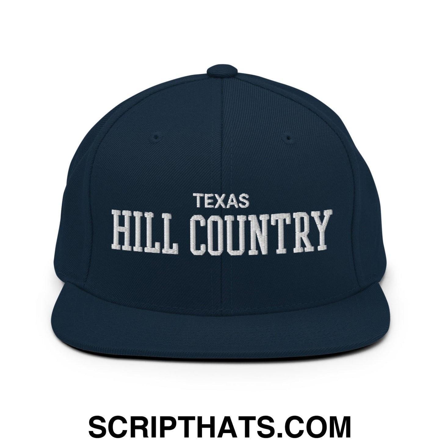 Texas Hill Country Varsity College Block Embroidered Flat Bill Brim Snapback Hat Dark Navy