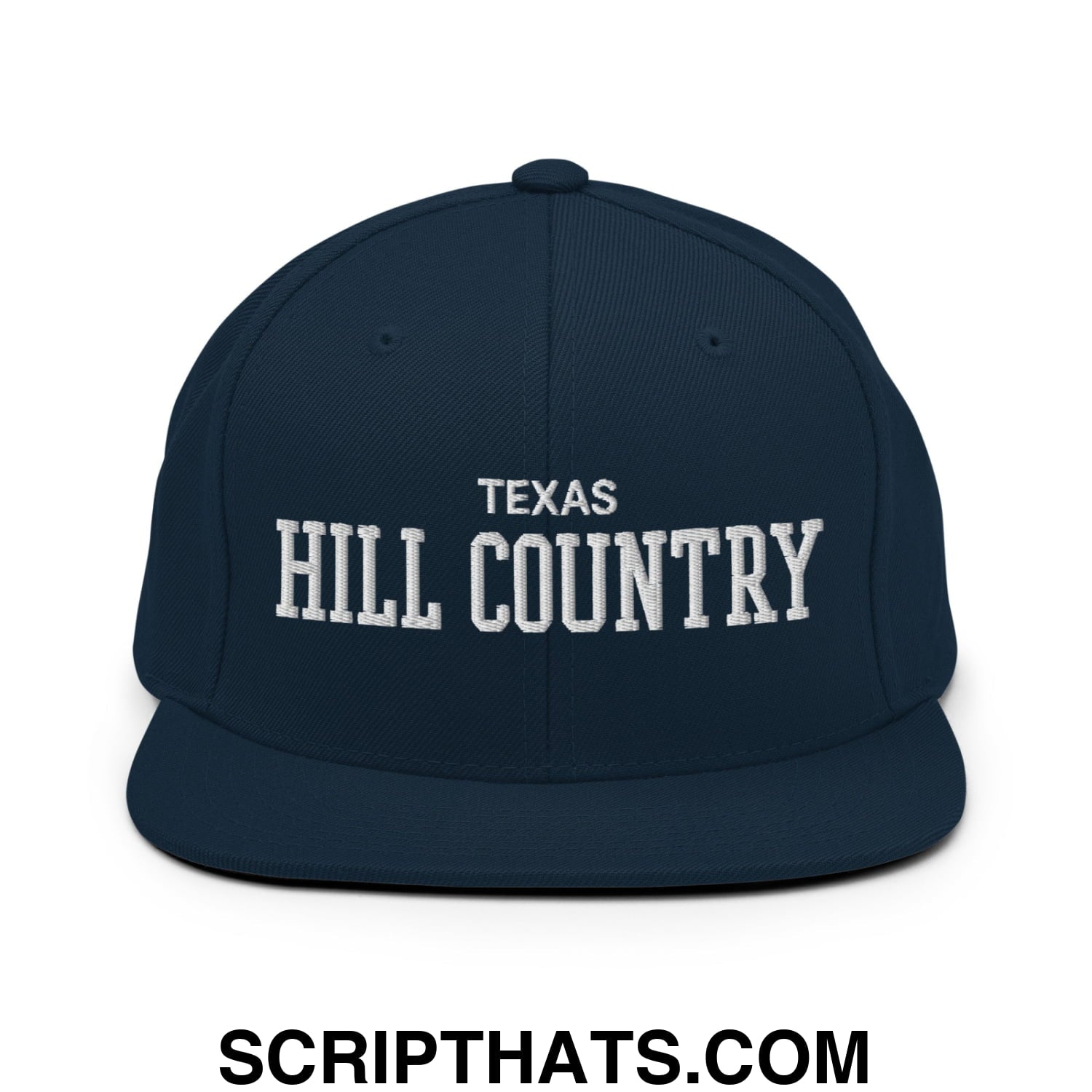 Texas Hill Country Varsity College Block Embroidered Flat Bill Brim Snapback Hat Dark Navy