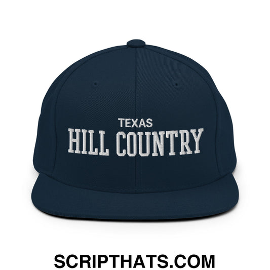 Texas Hill Country Varsity College Block Embroidered Flat Bill Brim Snapback Hat Dark Navy