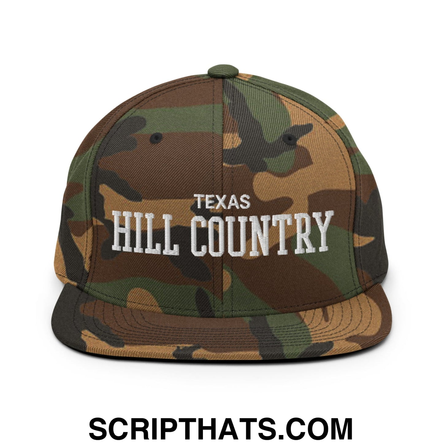Texas Hill Country Varsity College Block Embroidered Flat Bill Brim Snapback Hat Green Camo