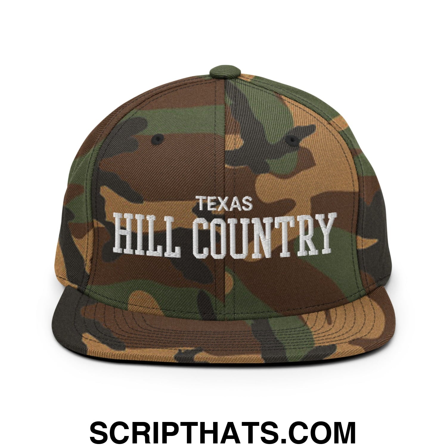 Texas Hill Country Varsity College Block Embroidered Flat Bill Brim Snapback Hat Green Camo