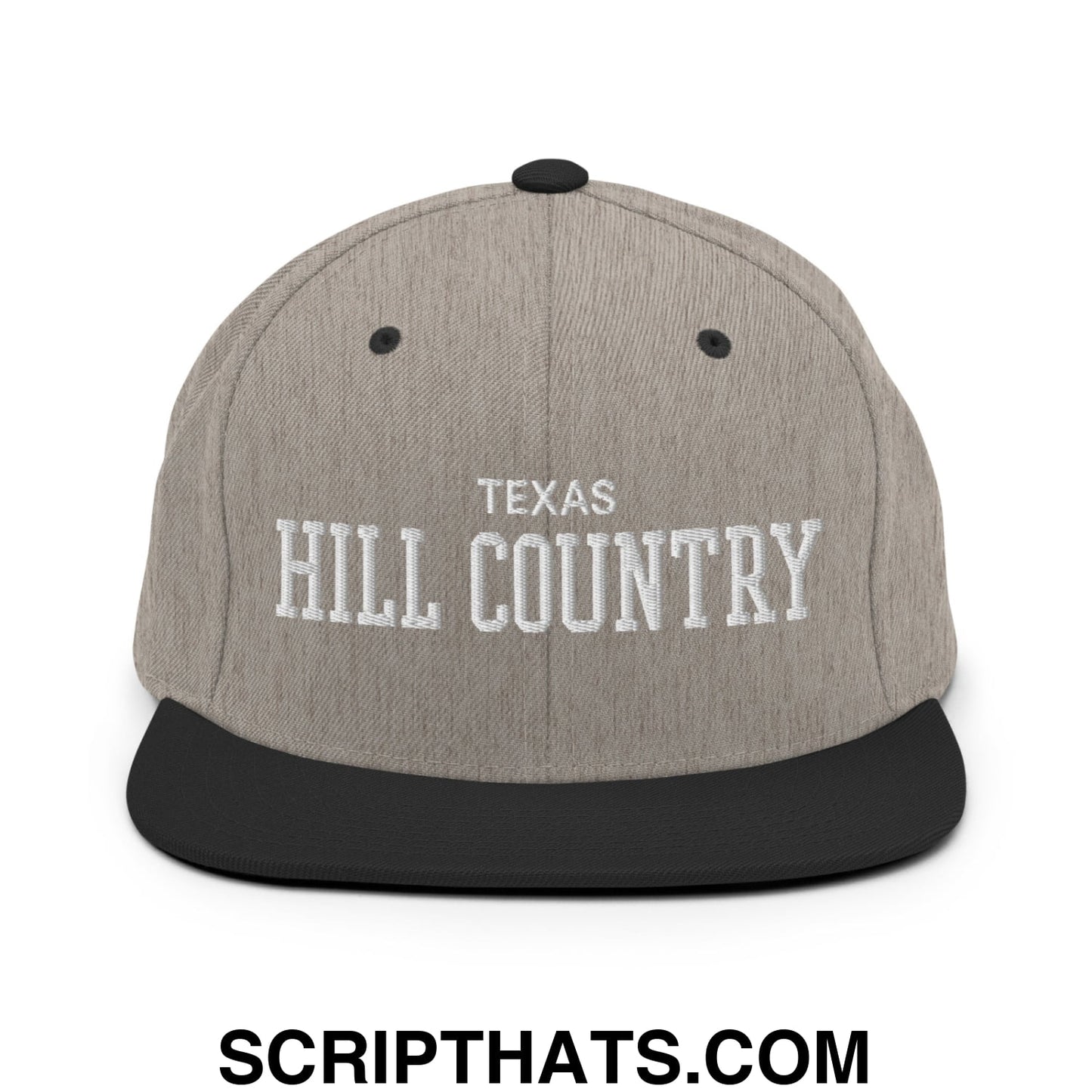 Texas Hill Country Varsity College Block Embroidered Flat Bill Brim Snapback Hat Heather Black