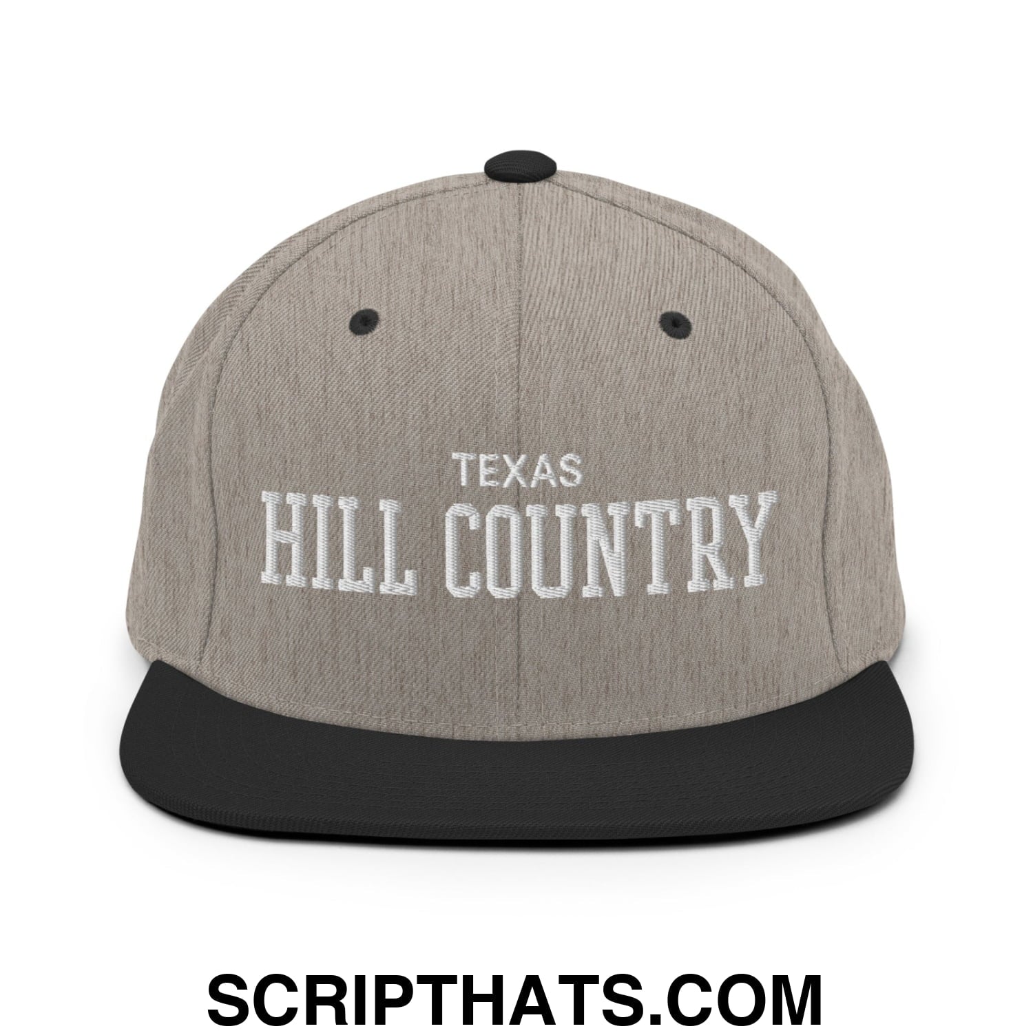 Texas Hill Country Varsity College Block Embroidered Flat Bill Brim Snapback Hat Heather Black