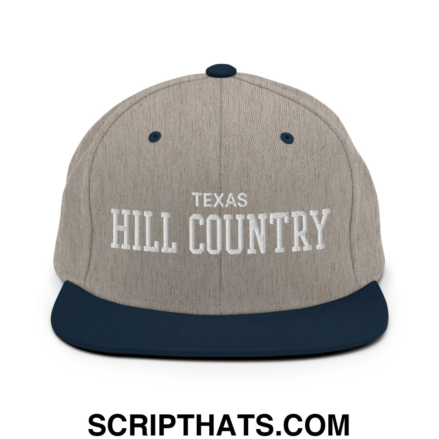 Texas Hill Country Varsity College Block Embroidered Flat Bill Brim Snapback Hat Heather Grey Navy