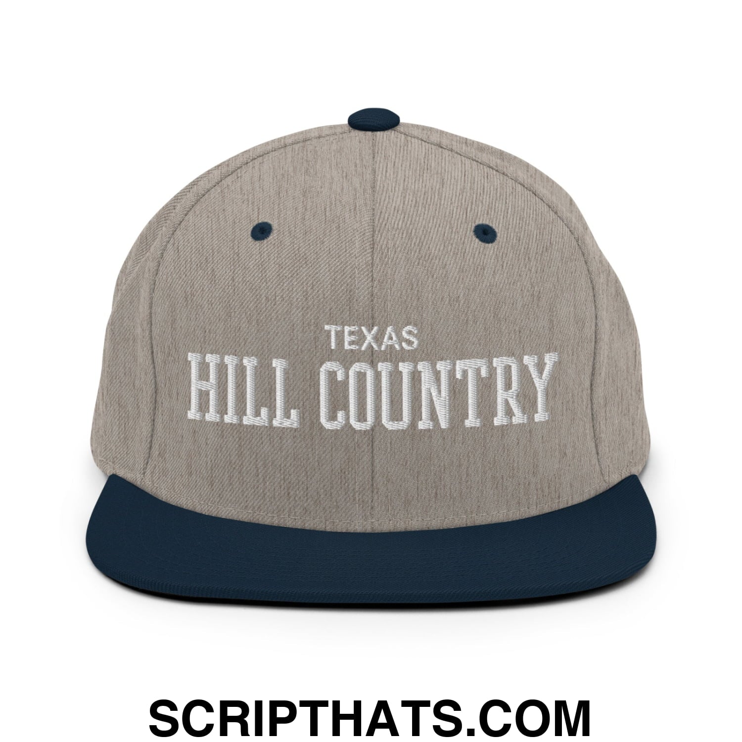 Texas Hill Country Varsity College Block Embroidered Flat Bill Brim Snapback Hat Heather Grey Navy