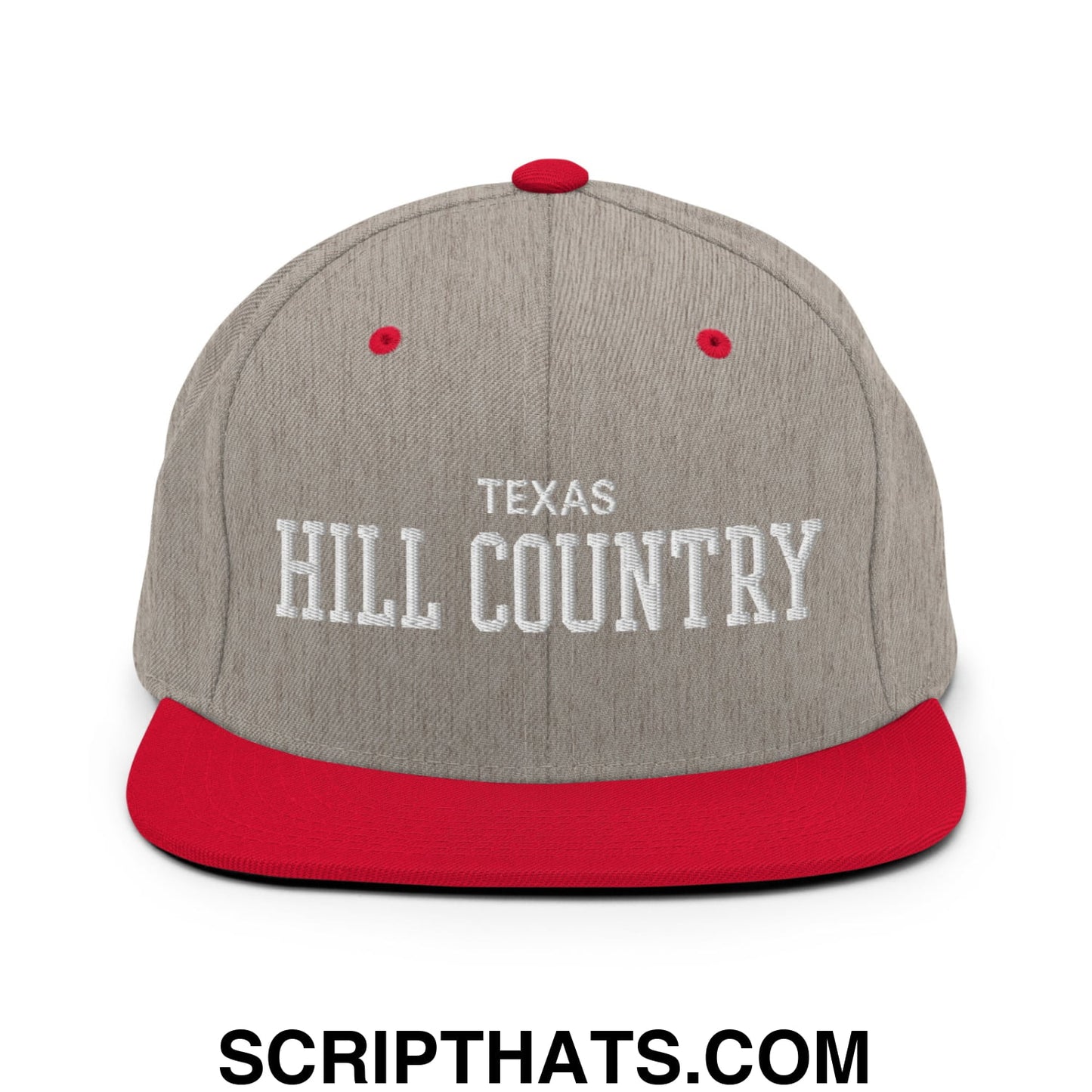 Texas Hill Country Varsity College Block Embroidered Flat Bill Brim Snapback Hat Heather Grey Red