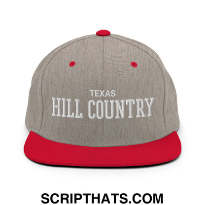 Texas Hill Country Varsity College Block Embroidered Flat Bill Brim Snapback Hat Heather Grey Red