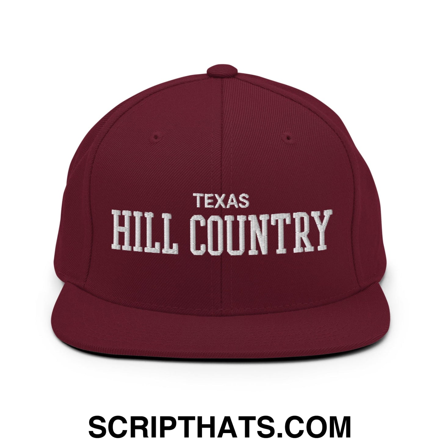 Texas Hill Country Varsity College Block Embroidered Flat Bill Brim Snapback Hat Maroon